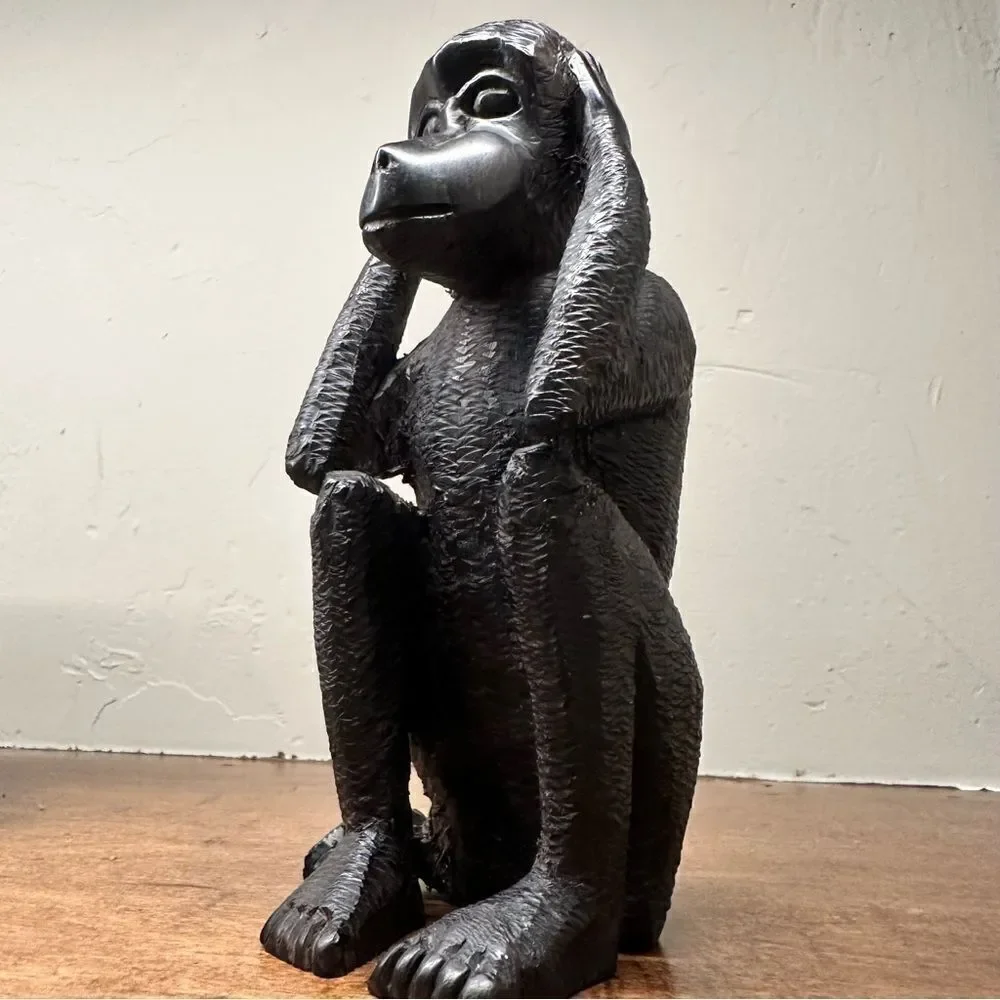 Vintage | Hand Carved ebony wood “HEAR NO EVIL” monkey wooden statue 6.5” - Picture 1 of 11